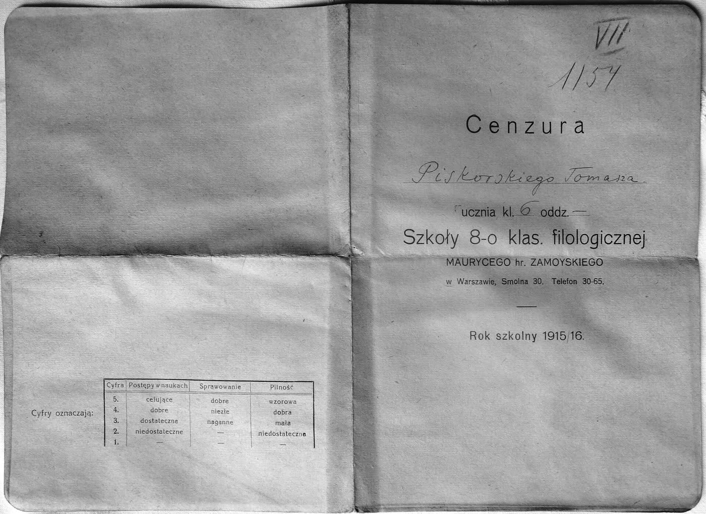 A real school report card from Warsaw, 1916